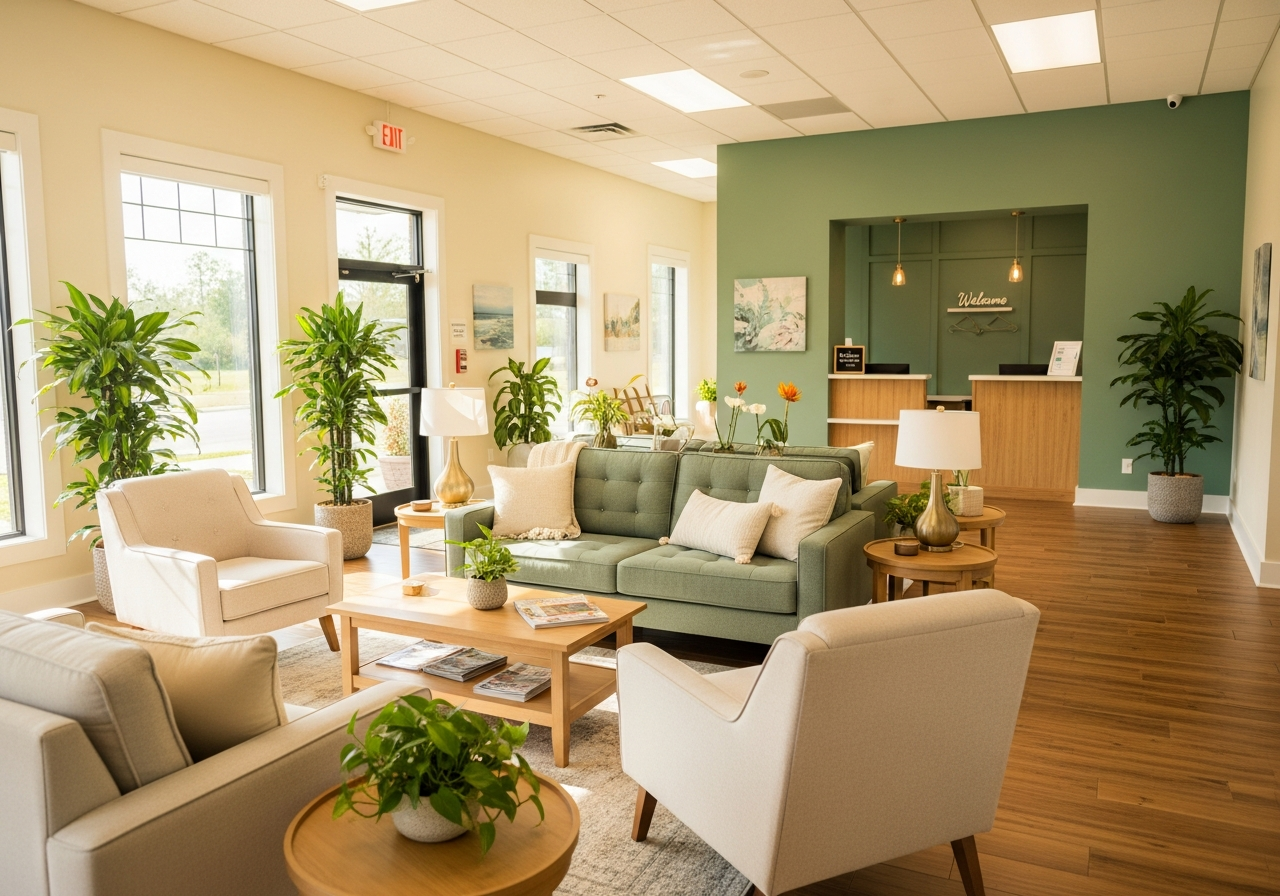 The warm, plant-filled lobby of Research Boulevard Veterinary Clinic
