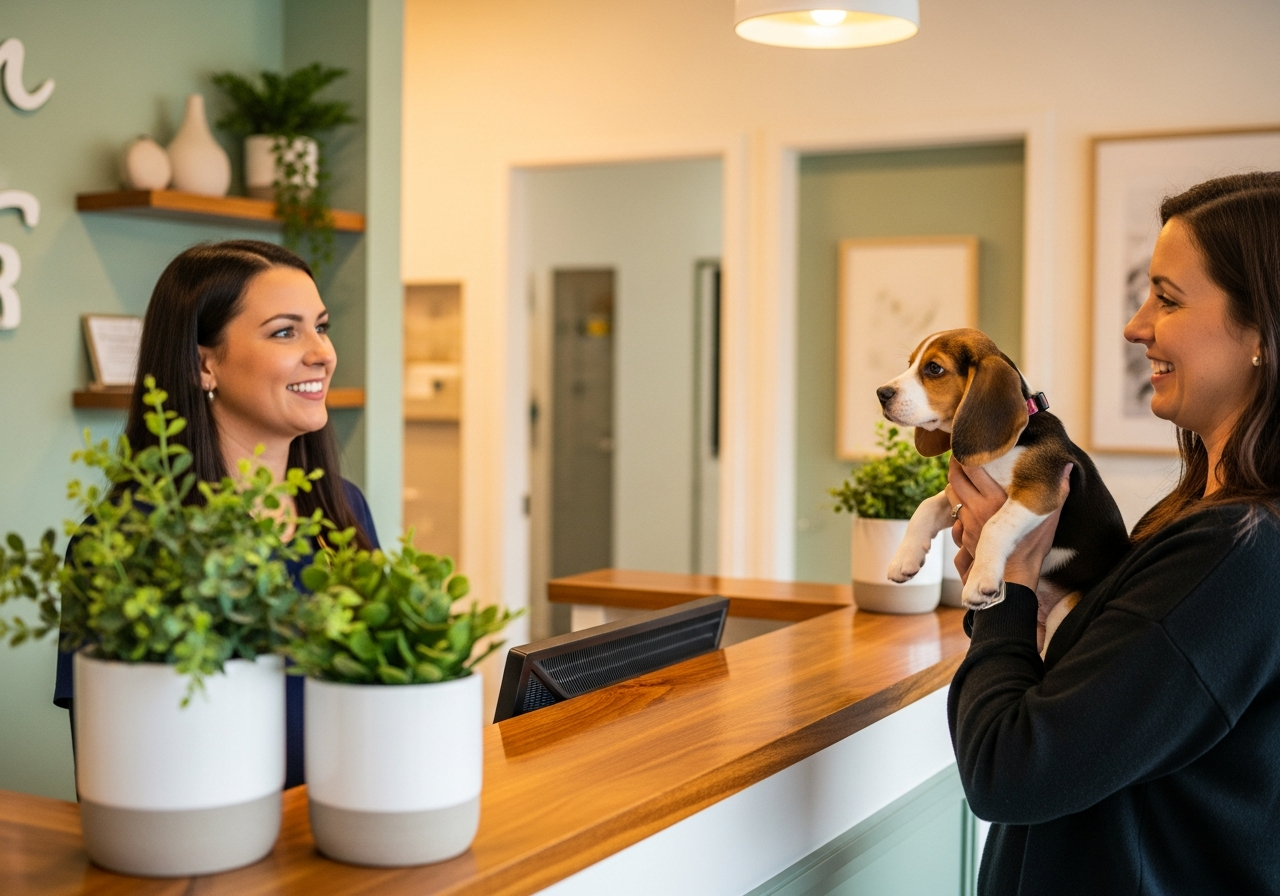 A receptionist welcoming a new puppy at the front desk