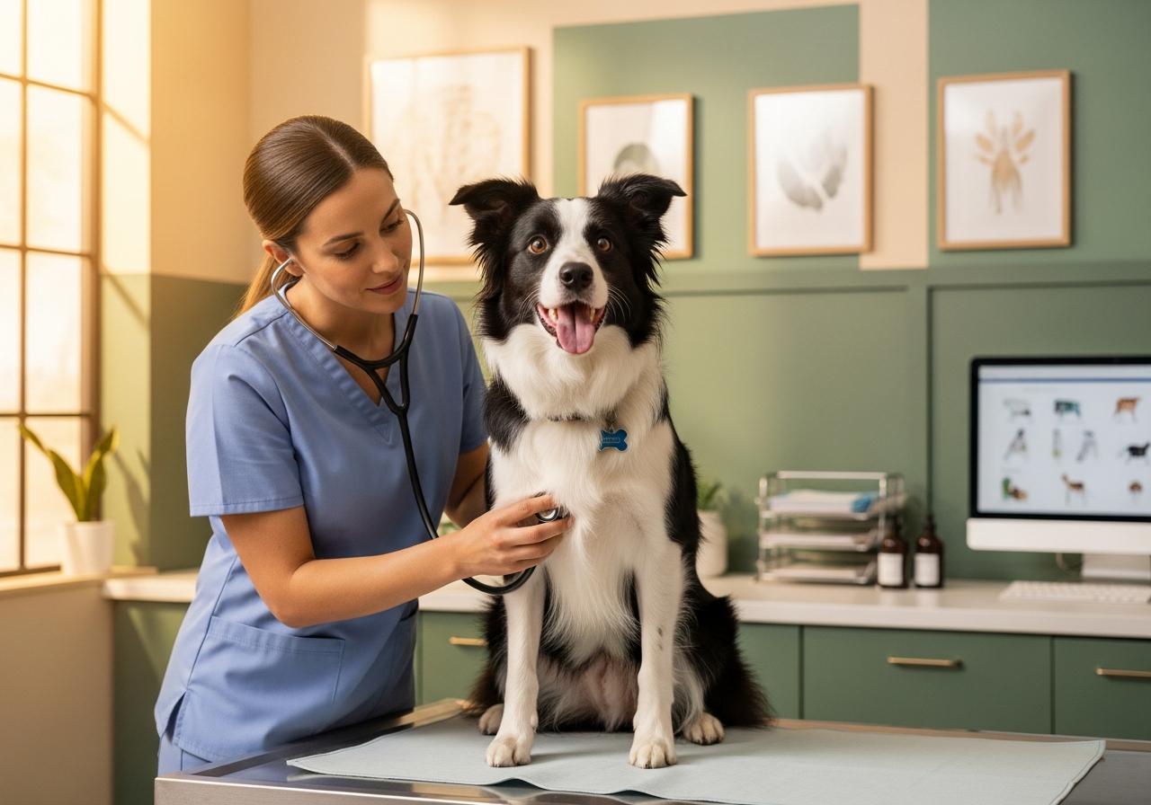 A veterinarian listening to a border collie's heartbeat